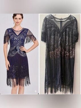 PRETTY GUIDE 1920’s GREAT GATSPY STYLE SEQUIN/FRINGE DRESS WOMENS 18~NWT
